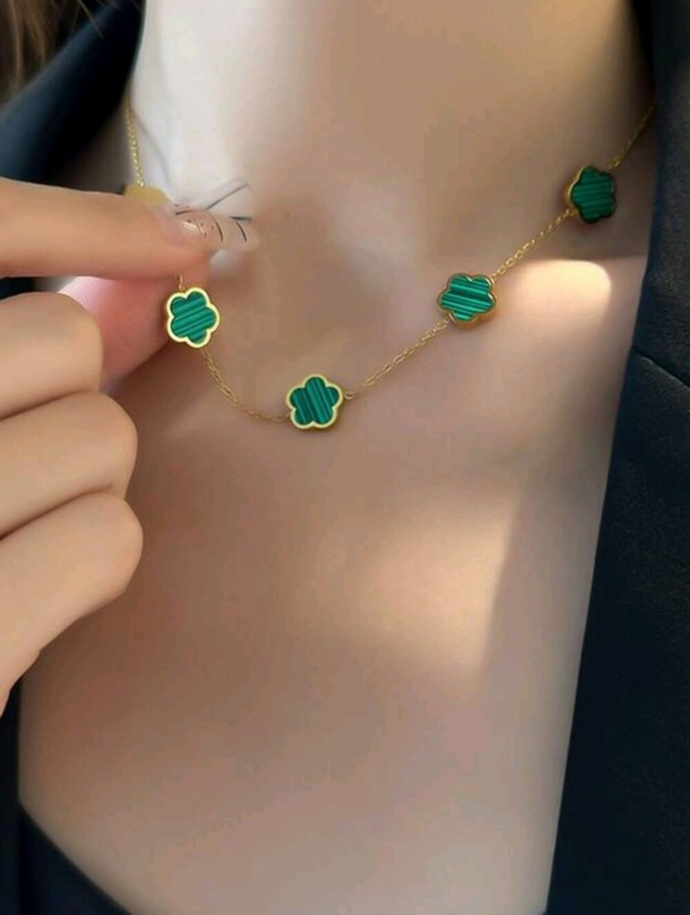 NEW! 18K Gold Plated Green Malachite Clover Station Neckla Women's Jewelry